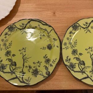 Anthropologie Lime Green Floral Scalloped Dinner Plates - Set of 2
